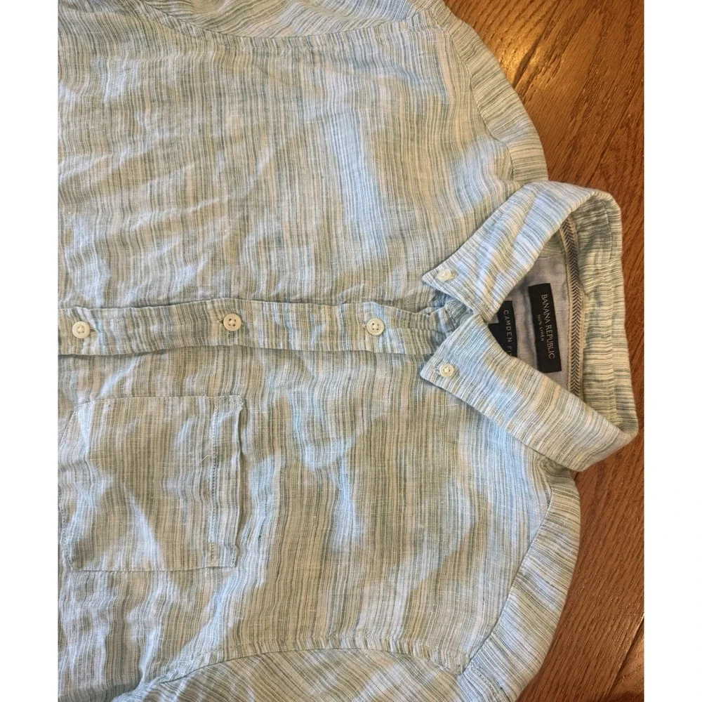 Banana Republic 100% Linen Shirt Mens Large Green Blue Camden Fit Button Up